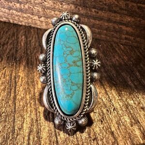 Western Boho Hippie Turquoise Silver Slim Oval Cuff Statement Ring, Gift Box
